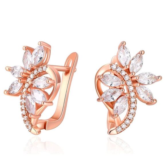 Rose Gold with White Diamond Cubic Zirconia French Clip Post Flower Earrings - Picture 2 of 6